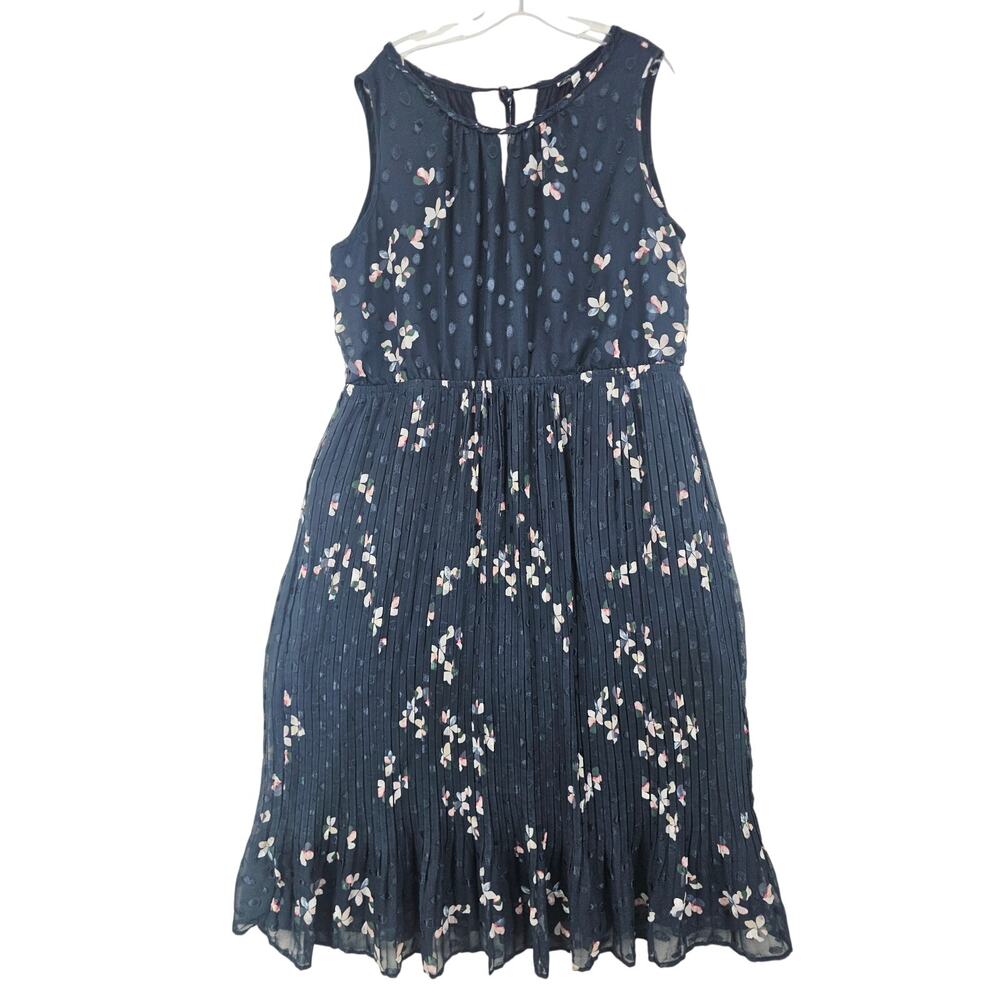 Q & A Womens Navy Floral Print Sleeveless Midi Dress Micro Pleated Plus 1X 4140
